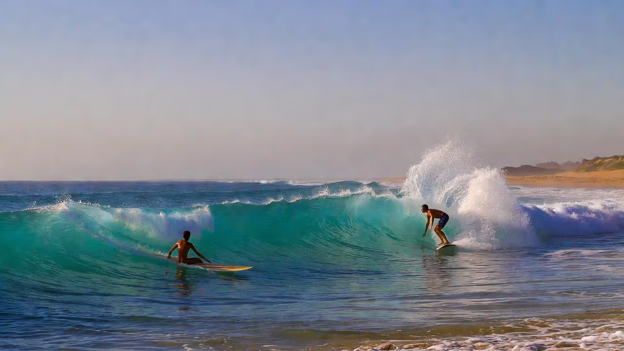 Realistic horizontal photo 16:9; side-by-side beach scene in one natural frame: one beginner paddling easily on a longboard into a small rolling wave, another struggling on a much shorter board nearby; early morning light; clear contrast in wave-catching ease; no logos; no readable text; photorealistic, high detail.